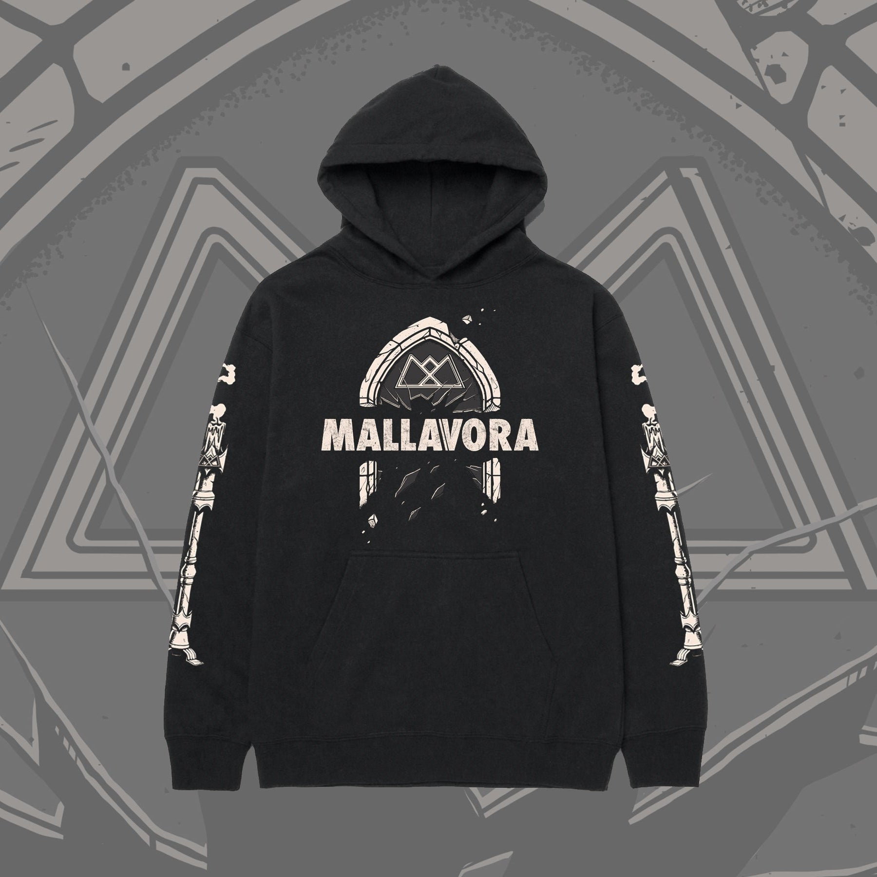 A black pullover hoodie with a white graphic print on the front reading 'MALLAVORA' beneath a circular emblem, plus white sleeve prints, shown centered against a gray illustrated background.